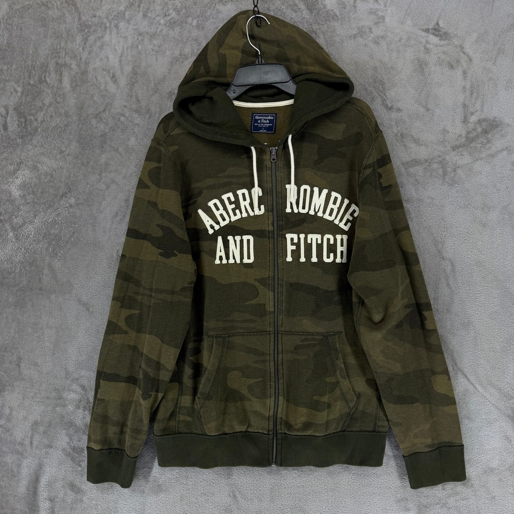 Abercrombie & Fitch Hoodie Mens L Camo Full Zip Applique Logo Green EUC